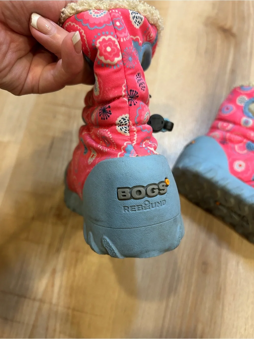 Bogs Kids Pink Floral Winter Boots with Blue Toe